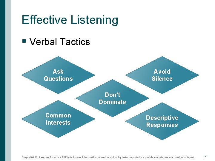Effective Listening § Verbal Tactics Ask Questions Avoid Silence Don’t Dominate Common Interests Descriptive