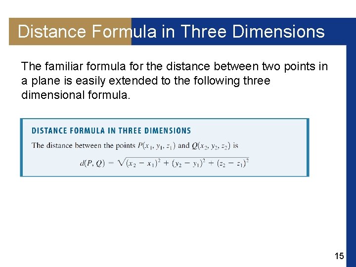 Distance Formula in Three Dimensions The familiar formula for the distance between two points