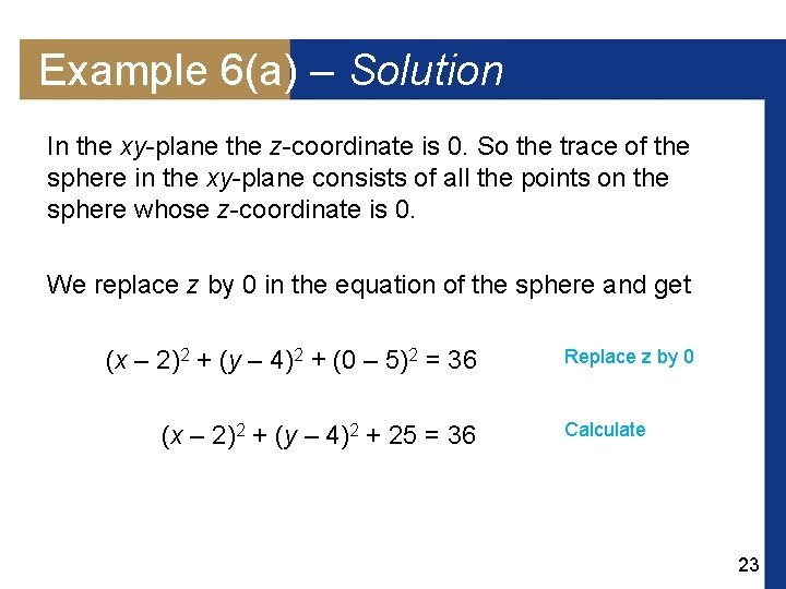 Example 6(a) – Solution In the xy-plane the z-coordinate is 0. So the trace Example 6(a) – Solution In the xy-plane the z-coordinate is 0. So the trace