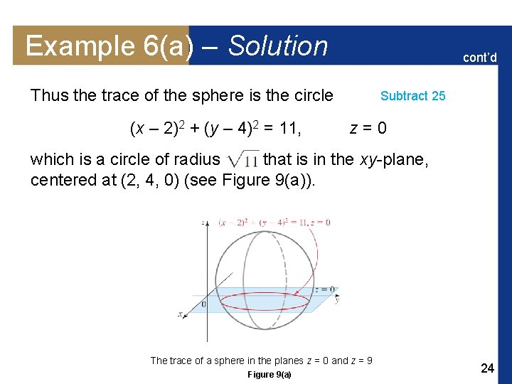 Example 6(a) – Solution cont’d Thus the trace of the sphere is the circle