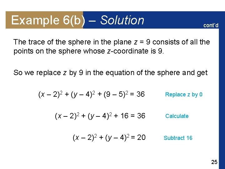 Example 6(b) – Solution cont’d The trace of the sphere in the plane z