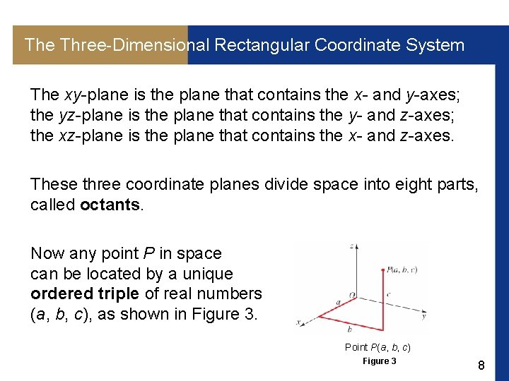 The Three-Dimensional Rectangular Coordinate System The xy-plane is the plane that contains the x-