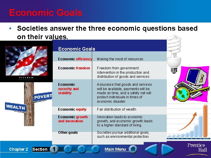 Economic Goals • Societies answer the three economic questions based on their values. Economic