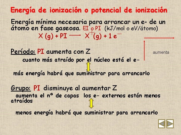 Energía de ionización o potencial de ionización Energía mínima necesaria para arrancar un e-