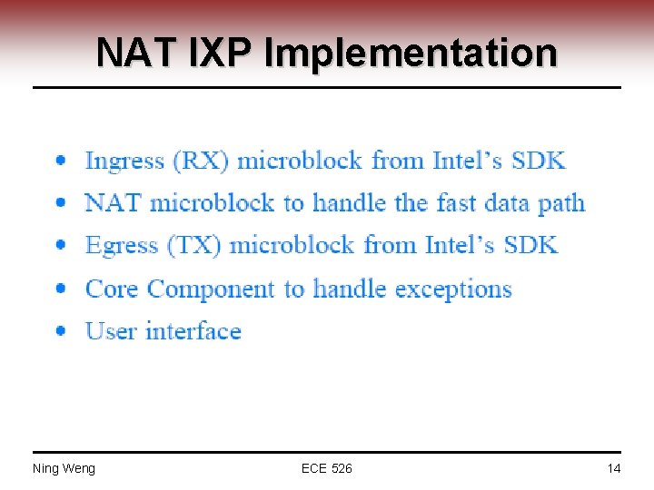 NAT IXP Implementation Ning Weng ECE 526 14 