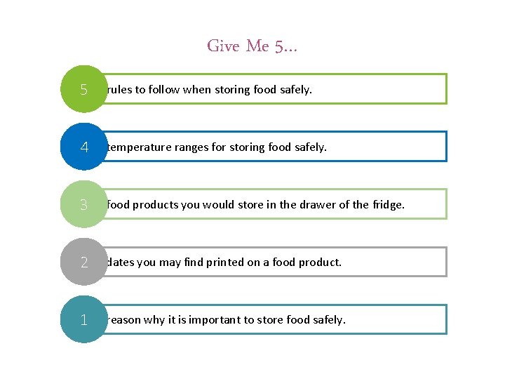 Give Me 5… 5 rules to follow when storing food safely. 4 temperature ranges