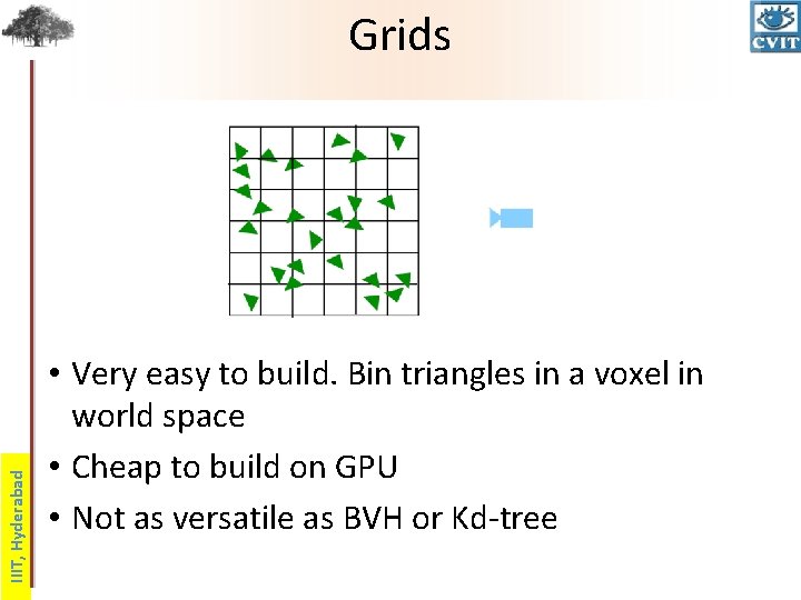 IIIT, Hyderabad Grids • Very easy to build. Bin triangles in a voxel in