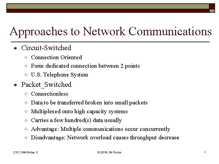 Approaches to Network Communications ¬ Circuit-Switched v v v ¬ Connection Oriented Form dedicated