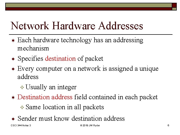 Network Hardware Addresses ¬ ¬ ¬ Each hardware technology has an addressing mechanism Specifies
