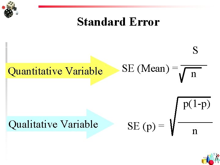 Standard Error S Quantitative Variable SE (Mean) = n p(1 -p) Qualitative Variable SE