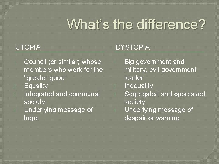 What’s the difference? UTOPIA 1. 2. 3. 4. Council (or similar) whose members who