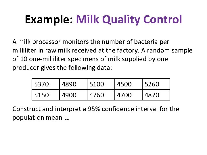 Example: Milk Quality Control A milk processor monitors the number of bacteria per milliliter