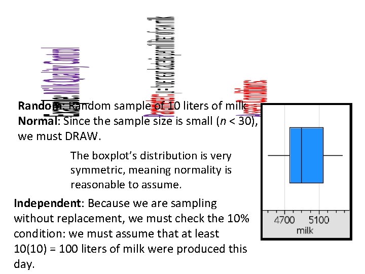  • Random: Random sample of 10 liters of milk Normal: Since the sample