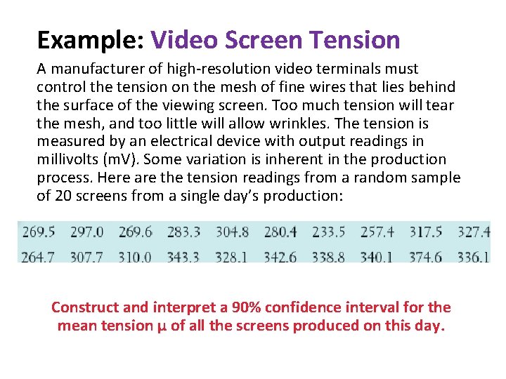 Example: Video Screen Tension A manufacturer of high-resolution video terminals must control the tension