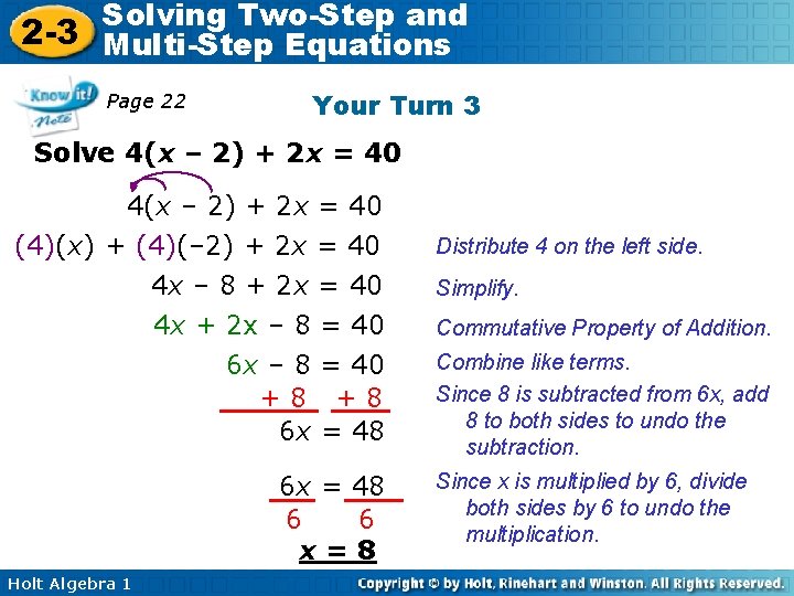 Solving Two-Step and 2 -3 Multi-Step Equations Your Turn 3 Page 22 Solve 4(x