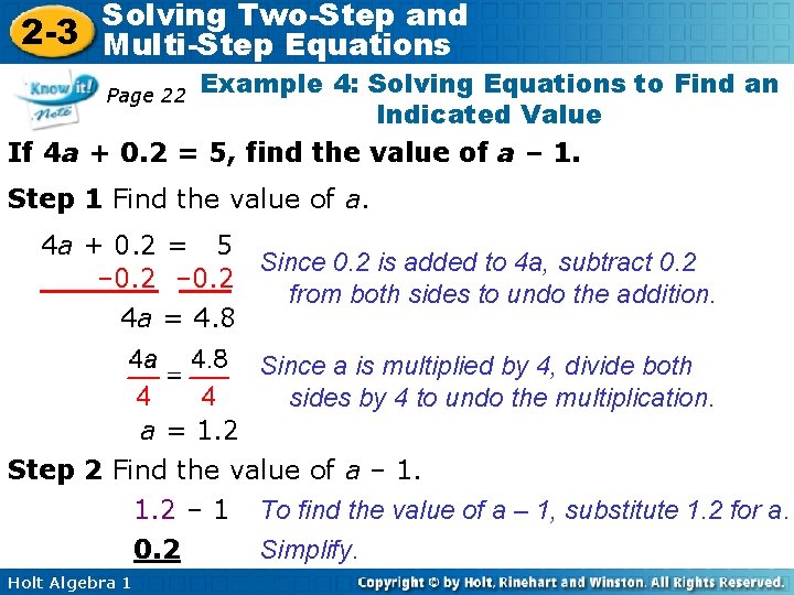 Solving Two-Step and 2 -3 Multi-Step Equations Example 4: Solving Equations to Find an
