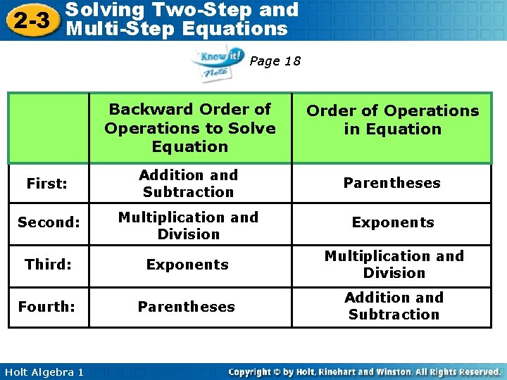 Solving Two-Step and 2 -3 Multi-Step Equations Page 18 Backward Order of Operations to