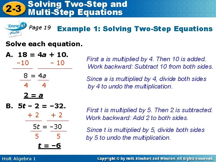 Solving Two-Step and 2 -3 Multi-Step Equations Page 19 Example 1: Solving Two-Step Equations