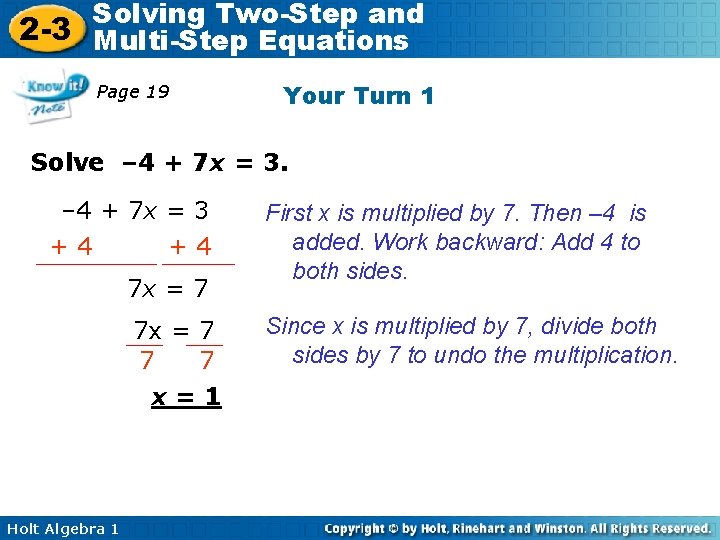 Solving Two-Step and 2 -3 Multi-Step Equations Page 19 Your Turn 1 Solve –