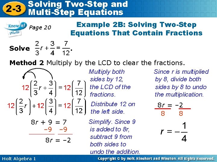 Solving Two-Step and 2 -3 Multi-Step Equations Page 20 Solve Example 2 B: Solving