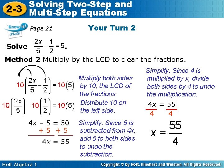 Solving Two-Step and 2 -3 Multi-Step Equations Your Turn 2 Page 21 Solve .