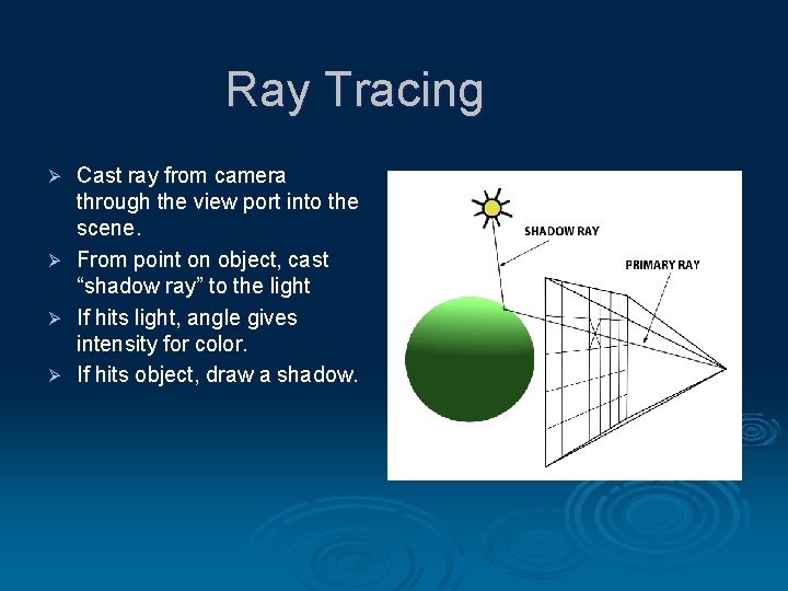 Ray Tracing Ø Ø Cast ray from camera through the view port into the