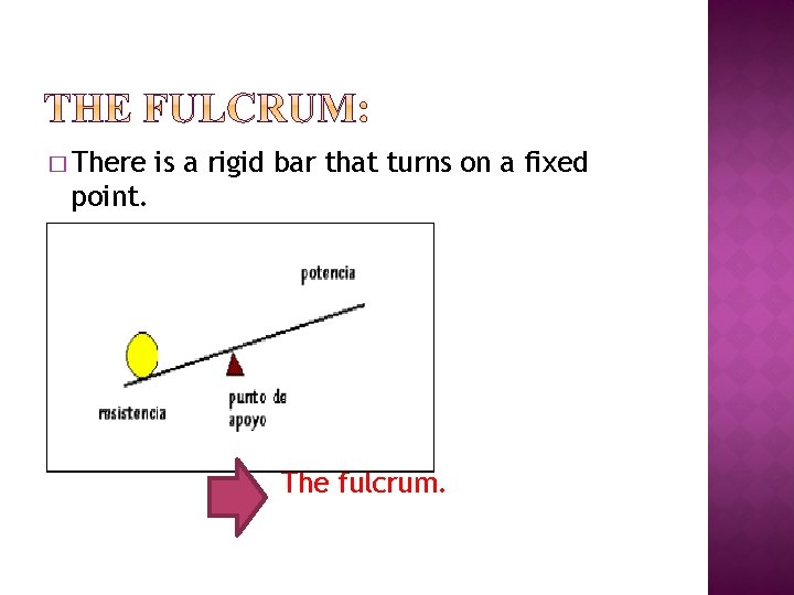 � There is a rigid bar that turns on a fixed point. The fulcrum.