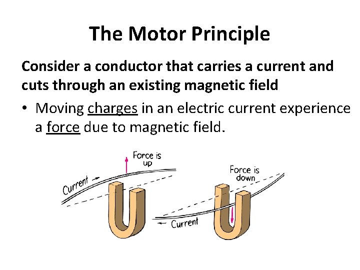 The Motor Principle Consider a conductor that carries a current and cuts through an
