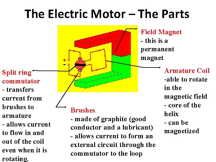 The Electric Motor – The Parts Field Magnet - this is a permanent magnet