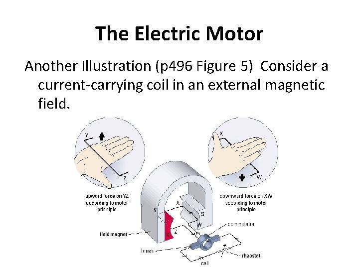 The Electric Motor Another Illustration (p 496 Figure 5) Consider a current-carrying coil in
