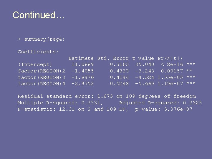 Continued… > summary(reg 4) Coefficients: Estimate Std. Error t value Pr(>|t|) (Intercept) 11. 0889