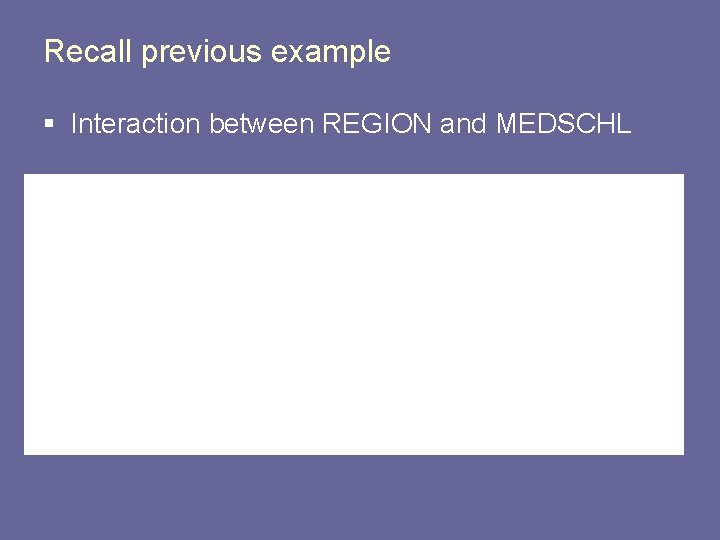 Recall previous example § Interaction between REGION and MEDSCHL 