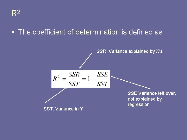 R 2 § The coefficient of determination is defined as SSR: Variance explained by