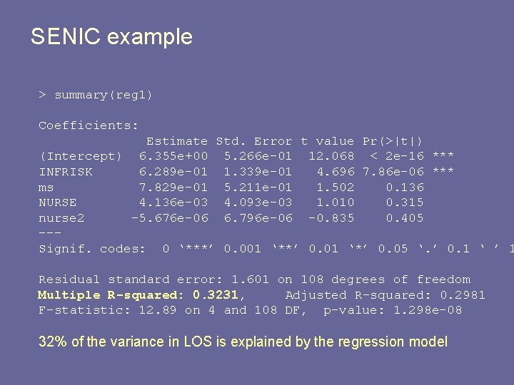 SENIC example > summary(reg 1) Coefficients: Estimate Std. Error t value Pr(>|t|) (Intercept) 6.