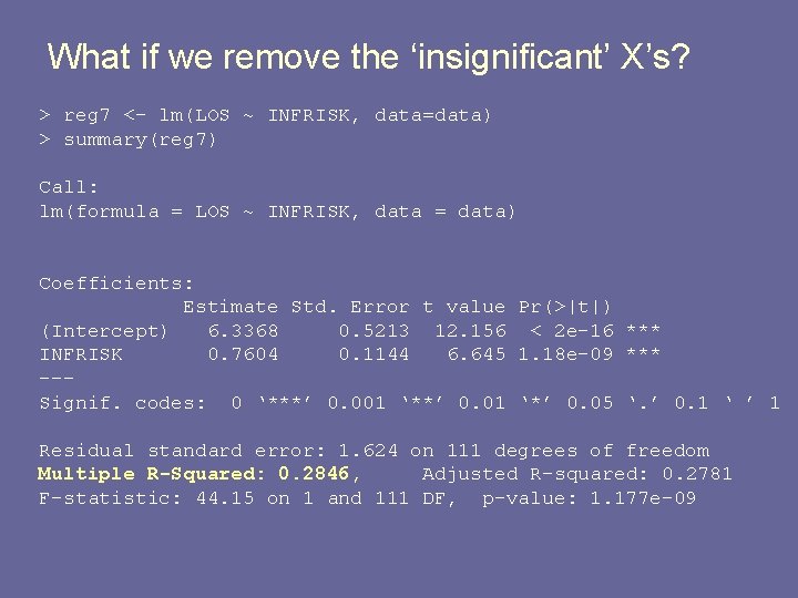 What if we remove the ‘insignificant’ X’s? > reg 7 <- lm(LOS ~ INFRISK,