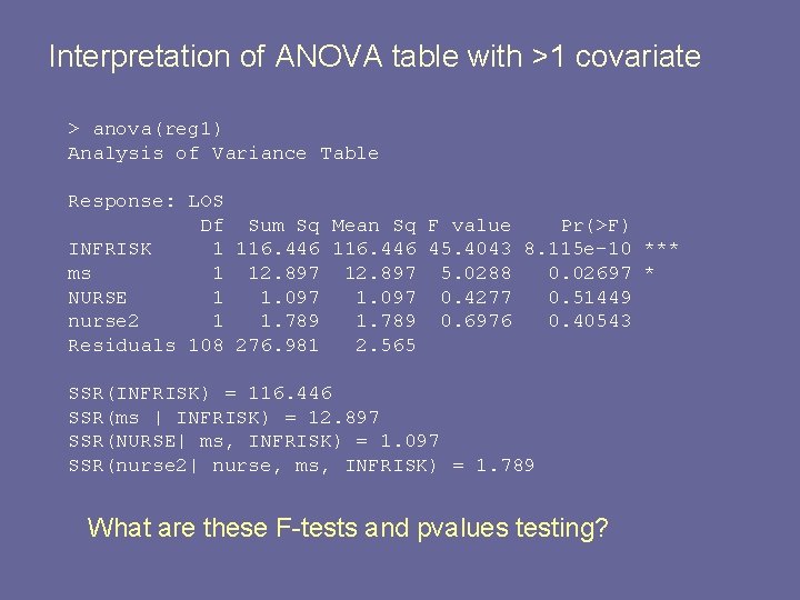 Interpretation of ANOVA table with >1 covariate > anova(reg 1) Analysis of Variance Table