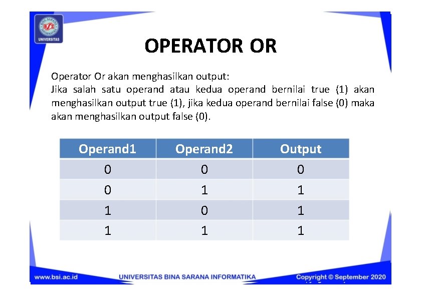 OPERATOR OR Operator Or akan menghasilkan output: Jika salah satu operand atau kedua operand