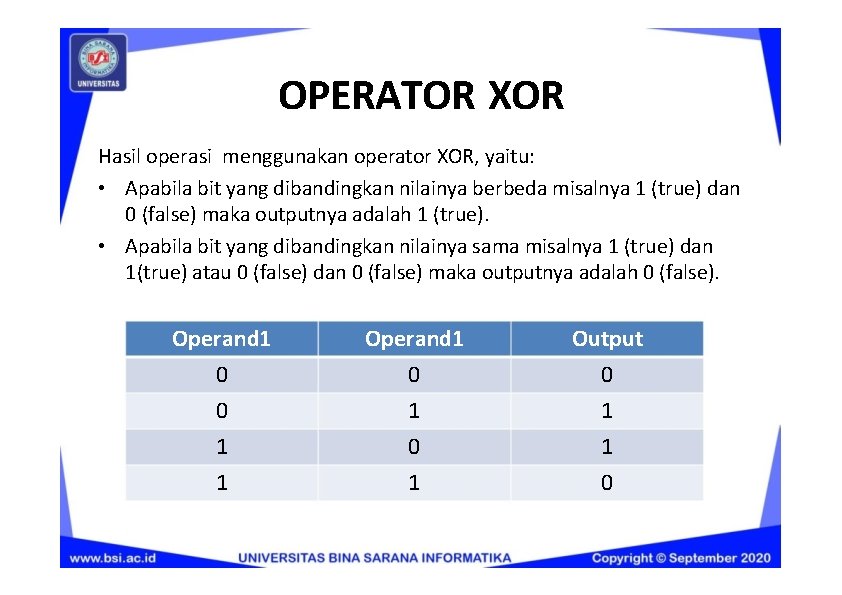 OPERATOR XOR Hasil operasi menggunakan operator XOR, yaitu: • Apabila bit yang dibandingkan nilainya