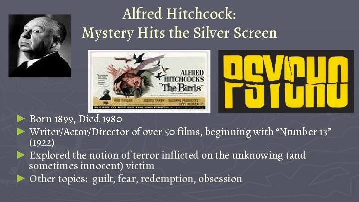 Alfred Hitchcock: Mystery Hits the Silver Screen ► Born 1899, Died 1980 ► Writer/Actor/Director