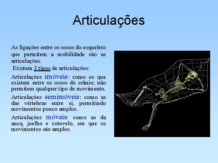 Articulações As ligações entre os ossos do esqueleto que permitem a mobilidade são as