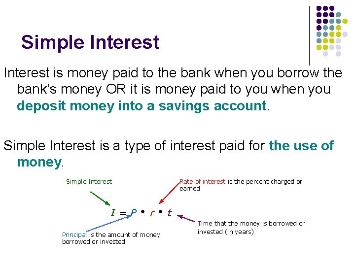 Simple Interest is money paid to the bank when you borrow the bank’s money