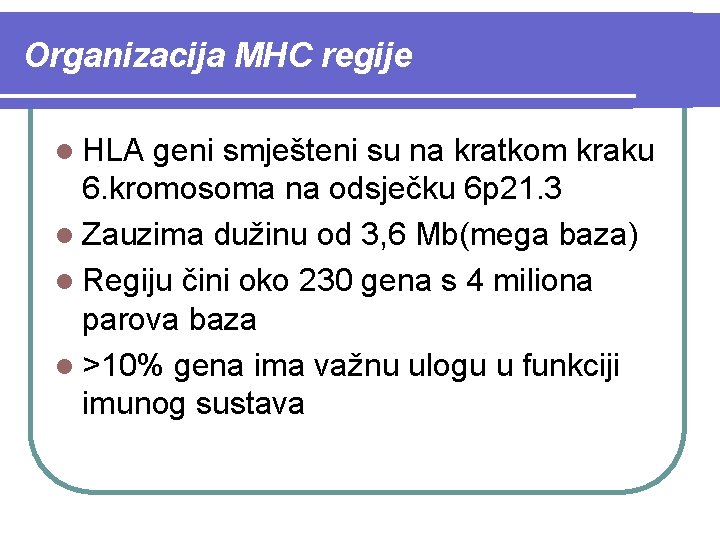 Organizacija MHC regije l HLA geni smješteni su na kratkom kraku 6. kromosoma na