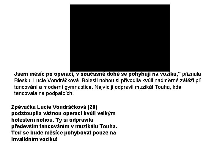 Jsem měsíc po operaci, v současné době se pohybuji na vozíku, " přiznala Blesku.