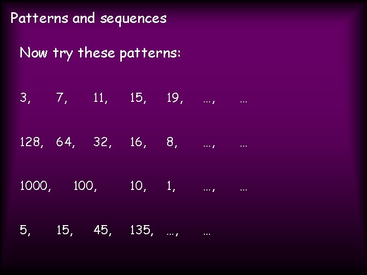 Patterns and sequences Now try these patterns: 3, 7, 11, 15, 19, … 128,