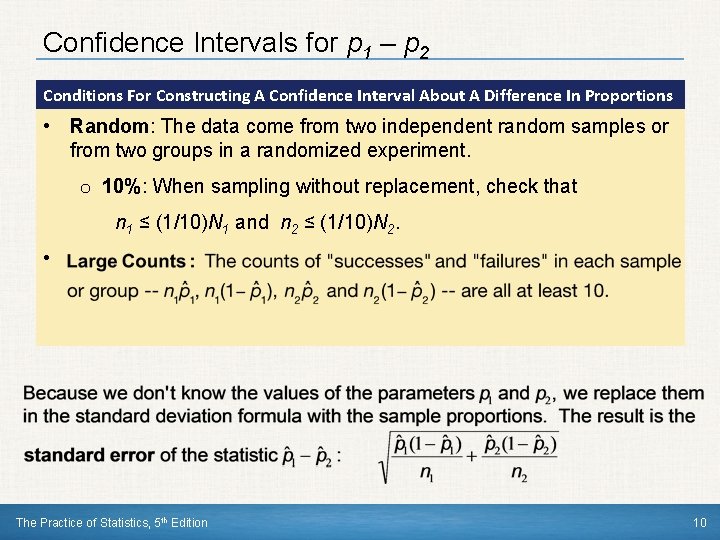 Confidence Intervals for p 1 – p 2 Conditions For Constructing A Confidence Interval