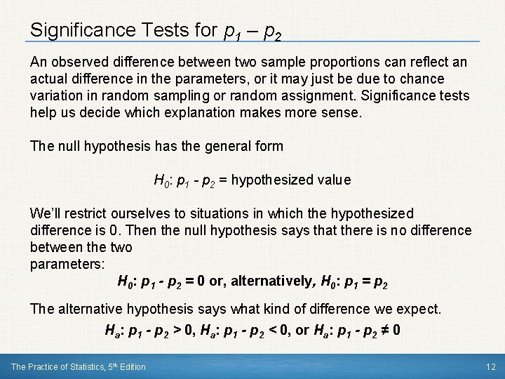 Significance Tests for p 1 – p 2 An observed difference between two sample