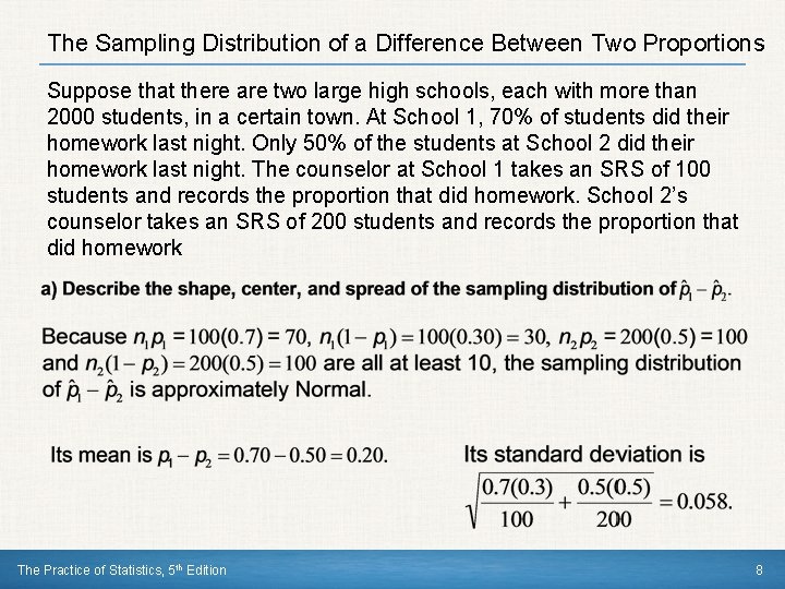 The Sampling Distribution of a Difference Between Two Proportions Suppose that there are two