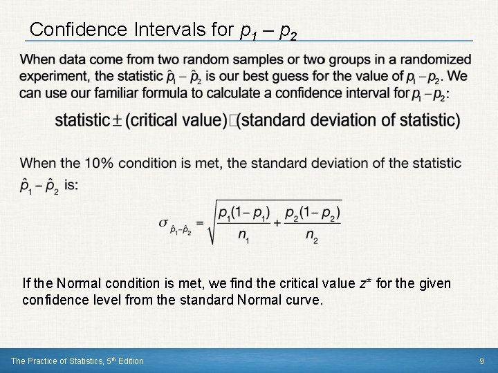 Confidence Intervals for p 1 – p 2 If the Normal condition is met,