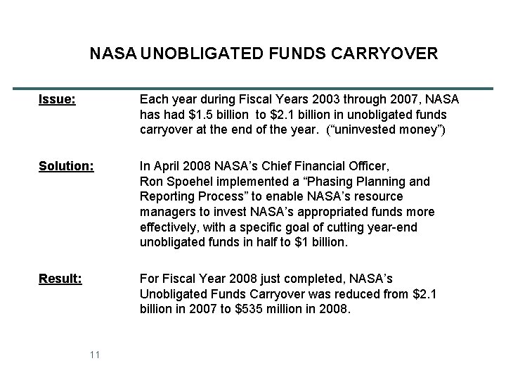 NASA UNOBLIGATED FUNDS CARRYOVER Issue: Each year during Fiscal Years 2003 through 2007, NASA