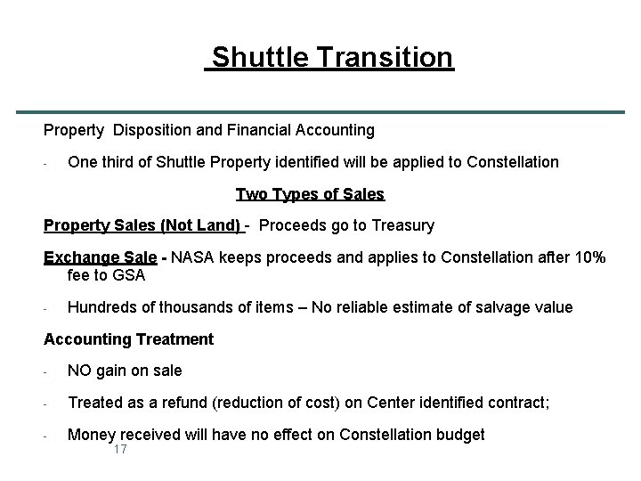 Shuttle Transition Property Disposition and Financial Accounting - One third of Shuttle Property identified